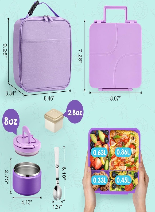 MAXSO Bento Lunch Box Set with 8 oz Soup Thermo, Kids Leakproof 4 Compartments Hot Food Container with Sauce Cup, Ice Pack and Lunch Bag, Child Insulated Food Jar for School - Purple - Image 5